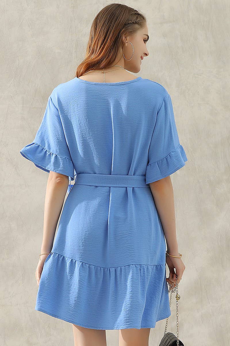 CWDSD10405_WAIST BOW TIE MIDI RUFFLE SHORT MIDI DRESS