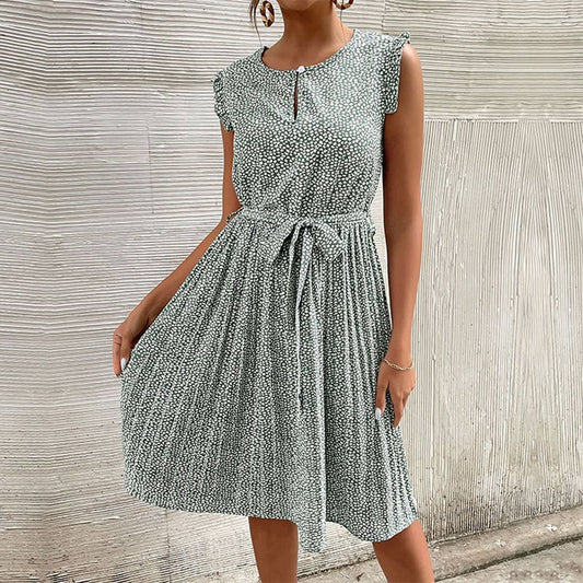 CASUAL LACE-UP GREEN FLORAL PLEATED DRESS