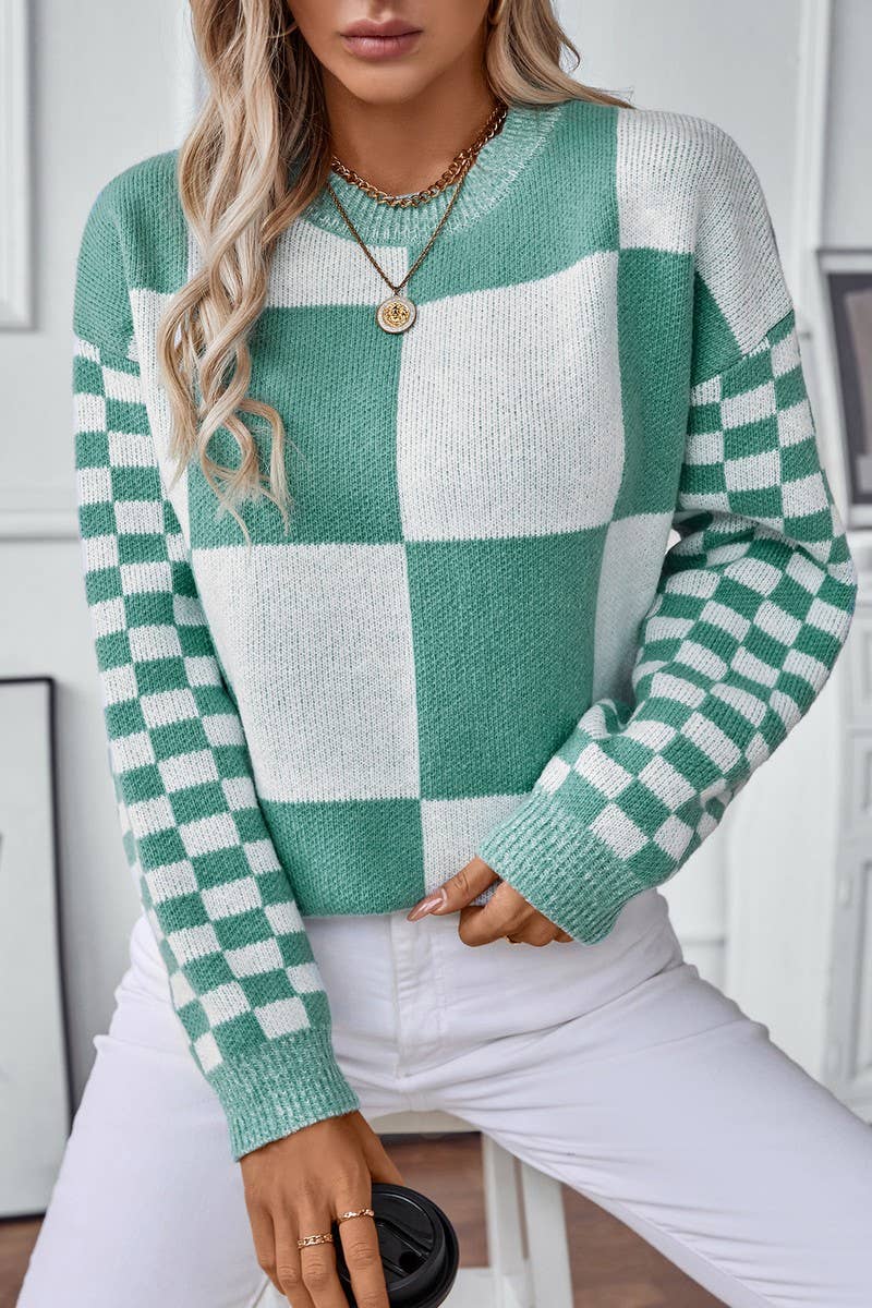 CWOSWL2873_CHECK CONTRAST KNIT SWEATER