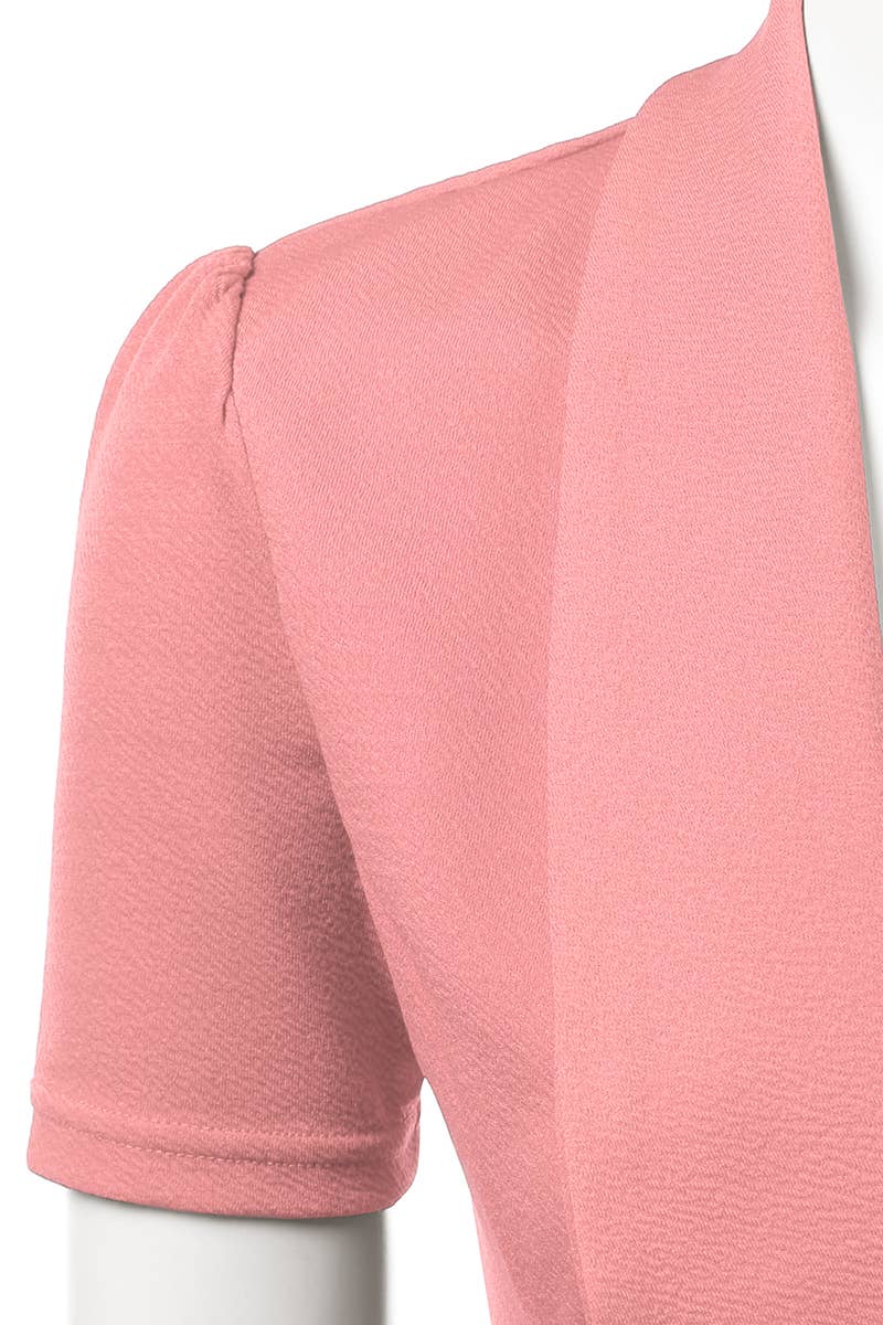 CWOBL095_Short Sleeve Open Front Draped Ruffles Blouses