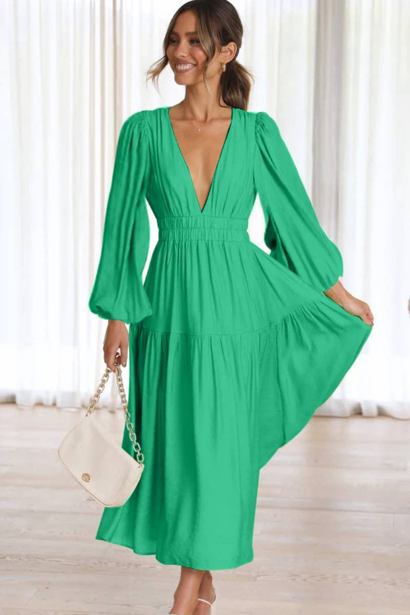 CWDMD4036_AUTUMN V-NECK LONG SLEEVE WAIST DRESS LONG STYLE