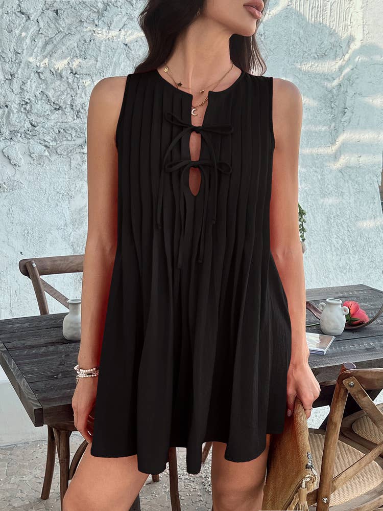 Casual lace-up pinched sleeveless short dress