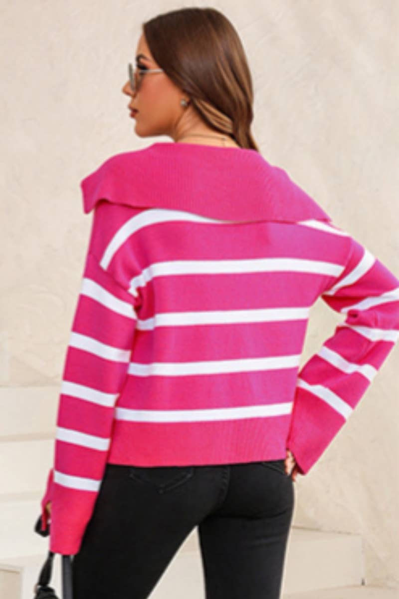 CWOSWL6686_LOOSE V-NECK STRIPED LONG-SLEEVED KNIT TOP