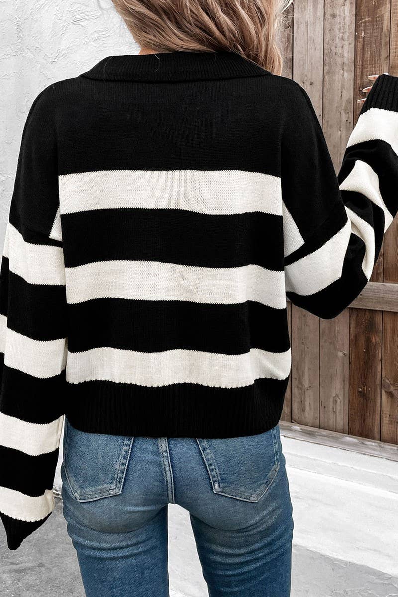 CWOSWL6822_NEW AUTUMN LONG-SLEEVED LAPEL STRIPED SWEATER