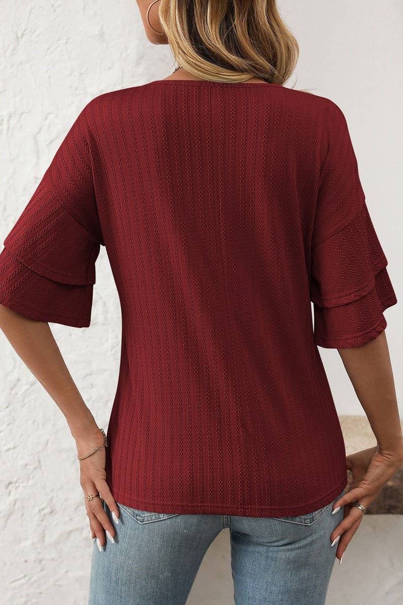 CWTBLS1713_SOLID COLOR V-NECK LOTUS SLEEVE T-SHIRT TOP