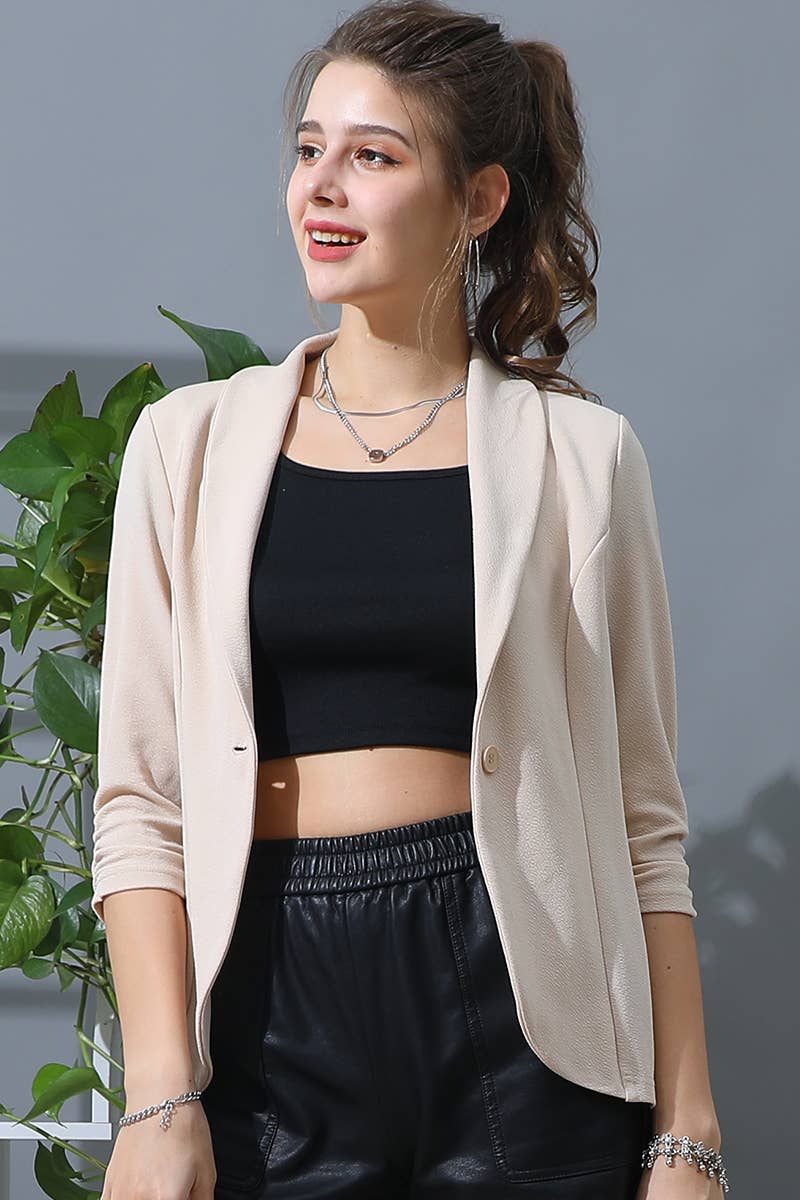 CWOBL106_3/4 SLEEVE WITH SHIRRING DETAILED OPEN BLAZER