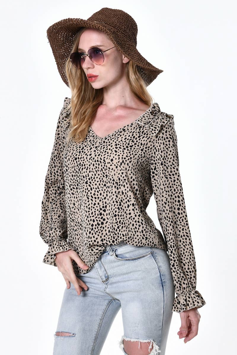 CWTBLL2485_V-NECK LEOPARD PRINT LONG-SLEEVED TOP