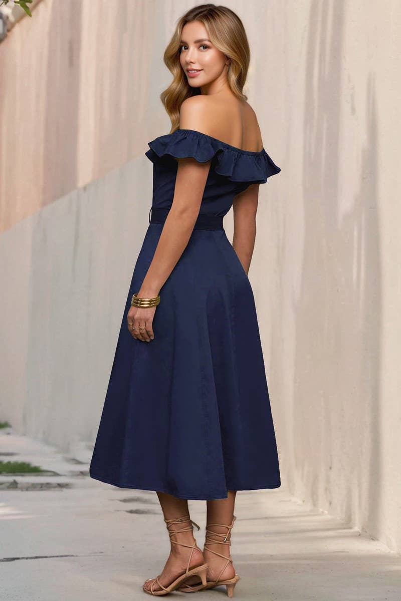 CWDMD6200_VINTAGE OFF SHOULDER RUFFLE BELTED A-LINE DRESS
