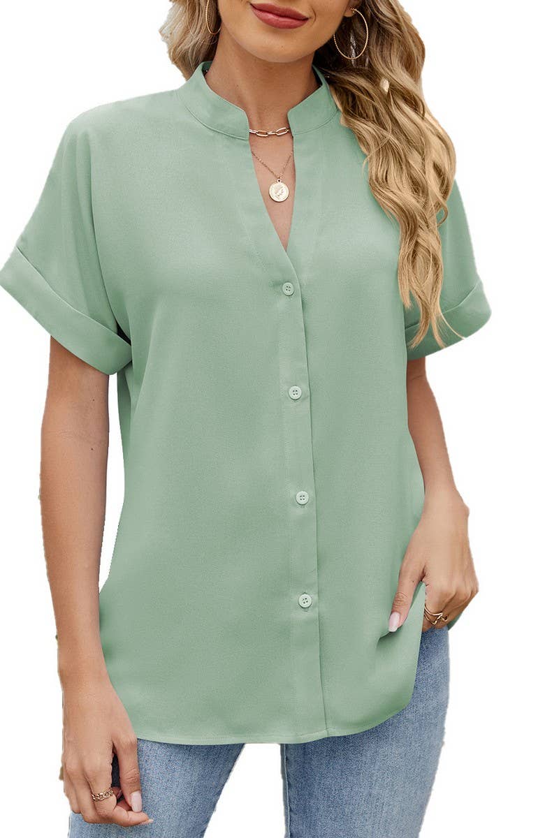 CWTSTS0585_V-NECK BUTTON-DOWN SHORT-SLEEVED CHIFFON SHIRT