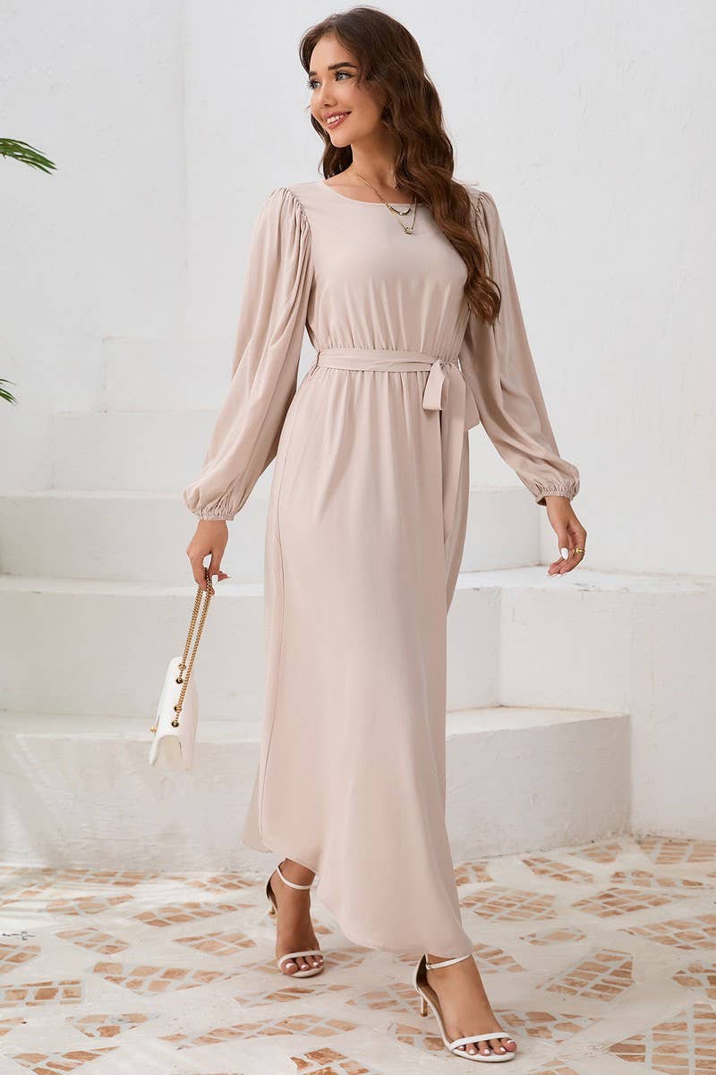 CWDMD4001_ROUND NECK TIE BUBBLE LONG SLEEVE DRESS