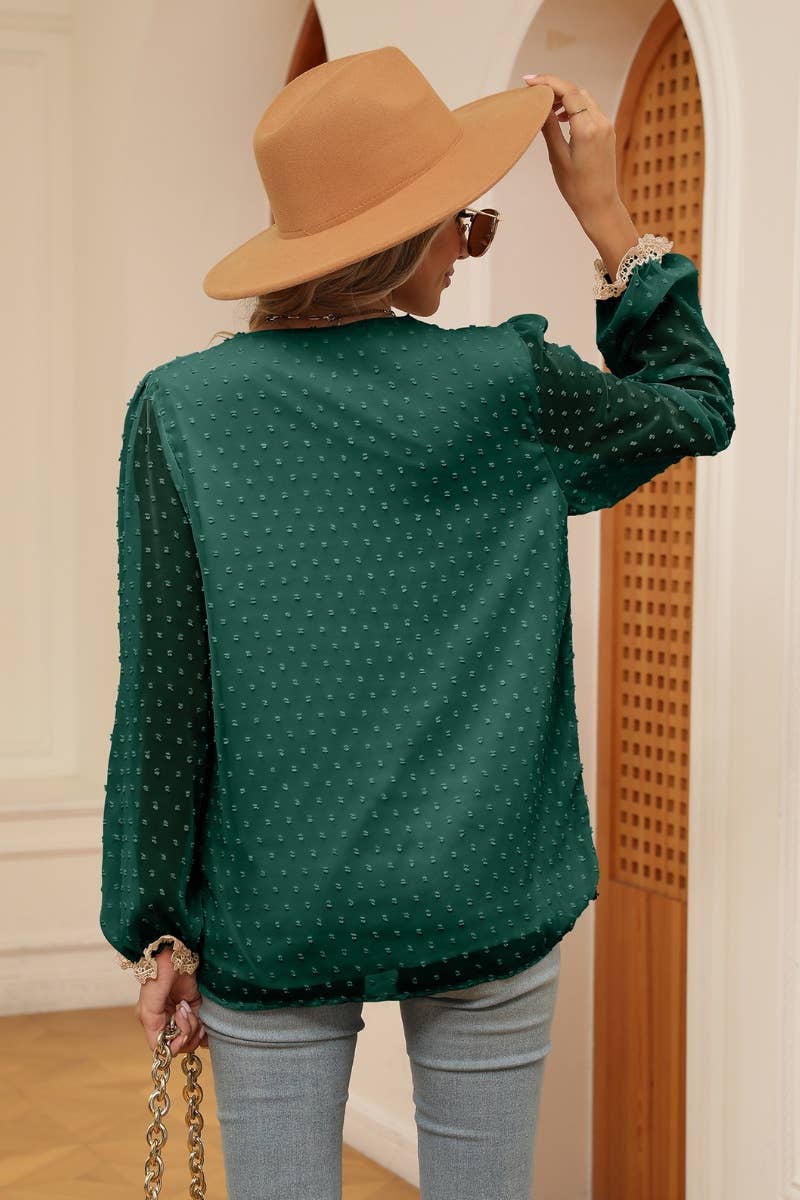 CWTBLL2831_FALL V-NECK LACE PATCHWORK LONG-SLEEVED TOP