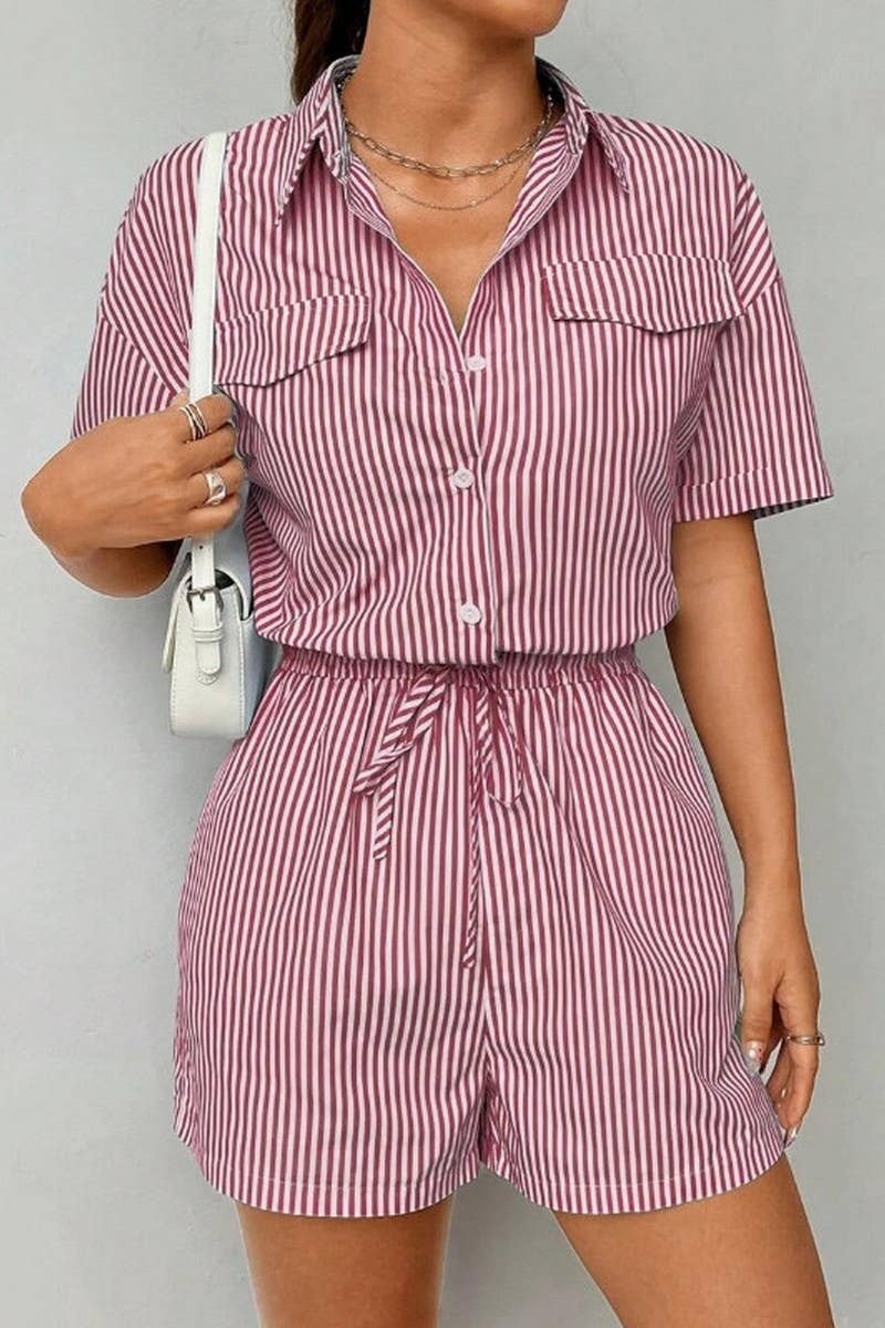 CWSS1216_STRIPED BUTTON CASUAL SHORT SLEEVE WAIST JUMPSUIT