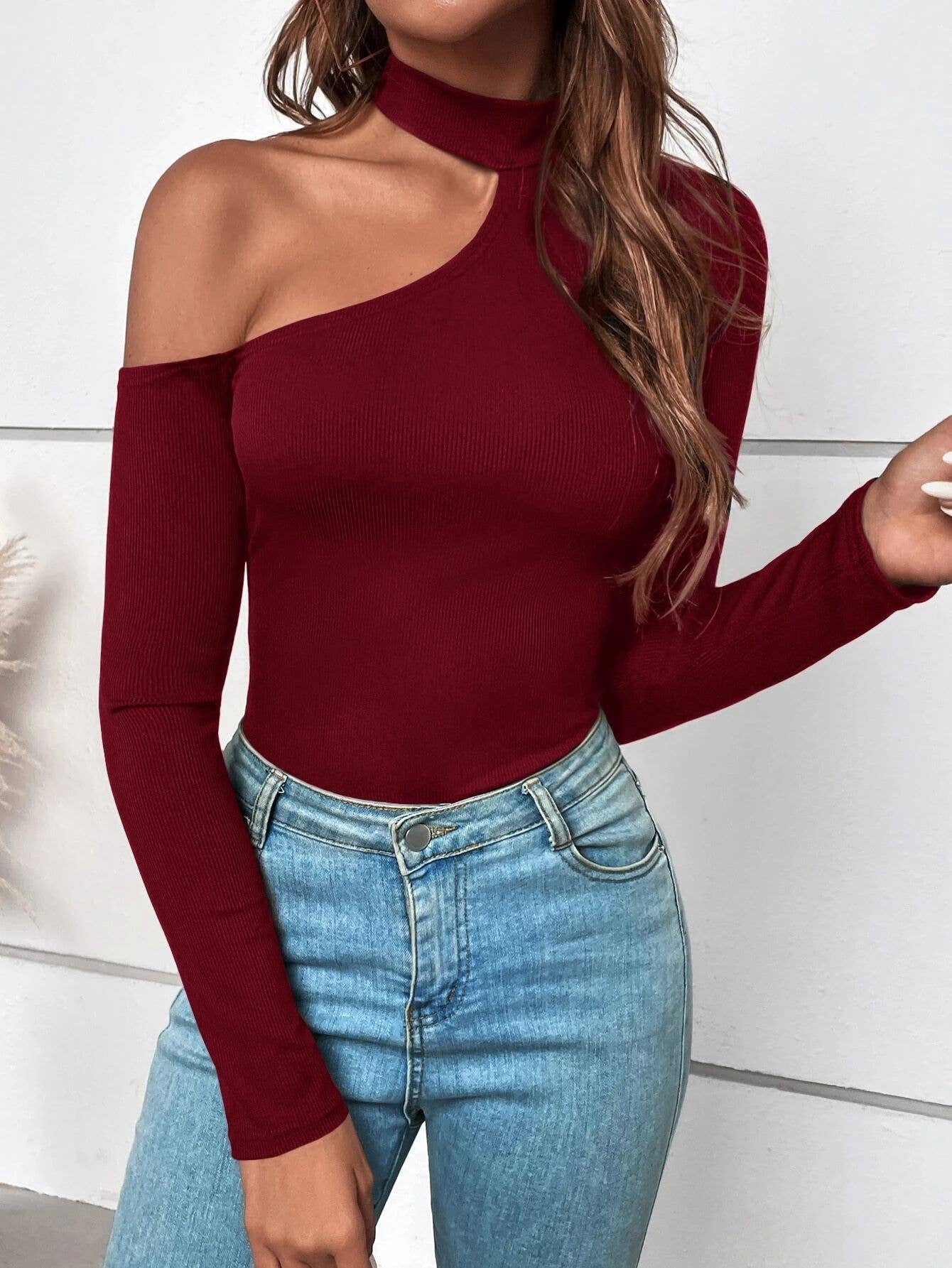 ASYMMETRICAL NECKLINE SOLID COLOR KNIT BASE