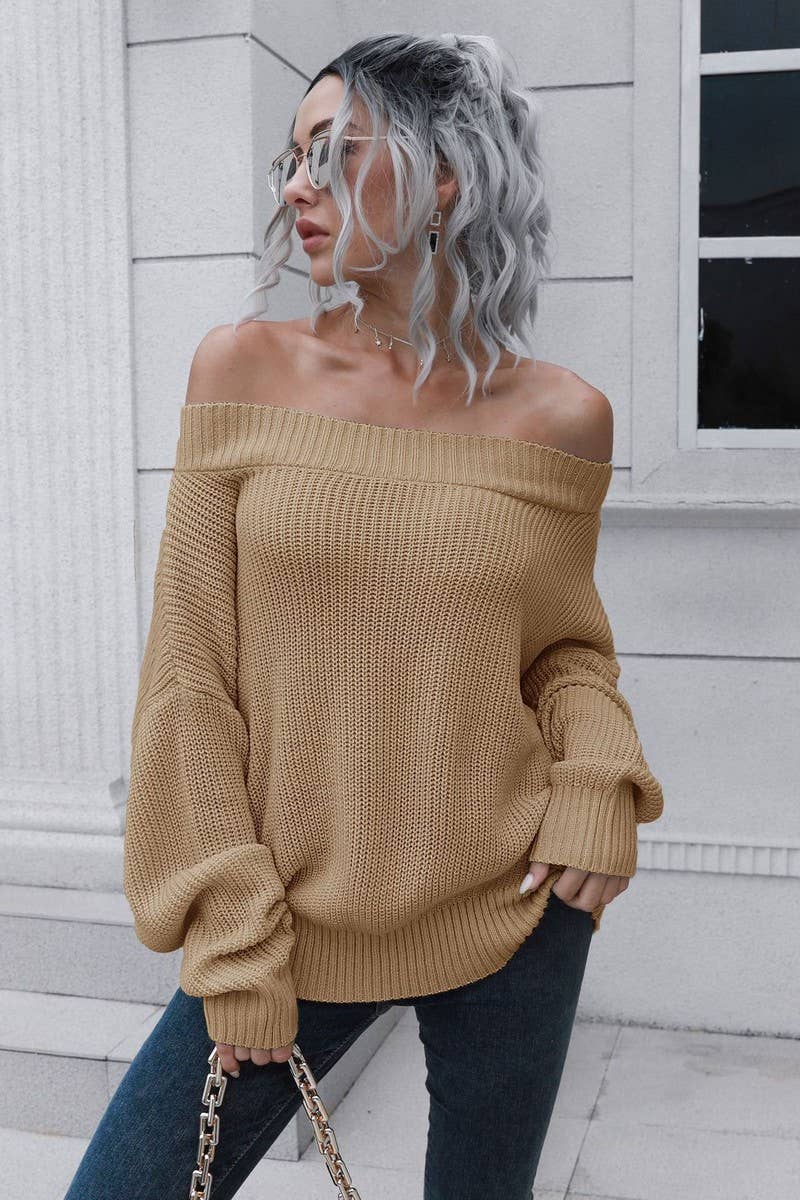 CWOSWL3882_OFF-SHOULDER LONG-SLEEVED KNITTED SWEATER