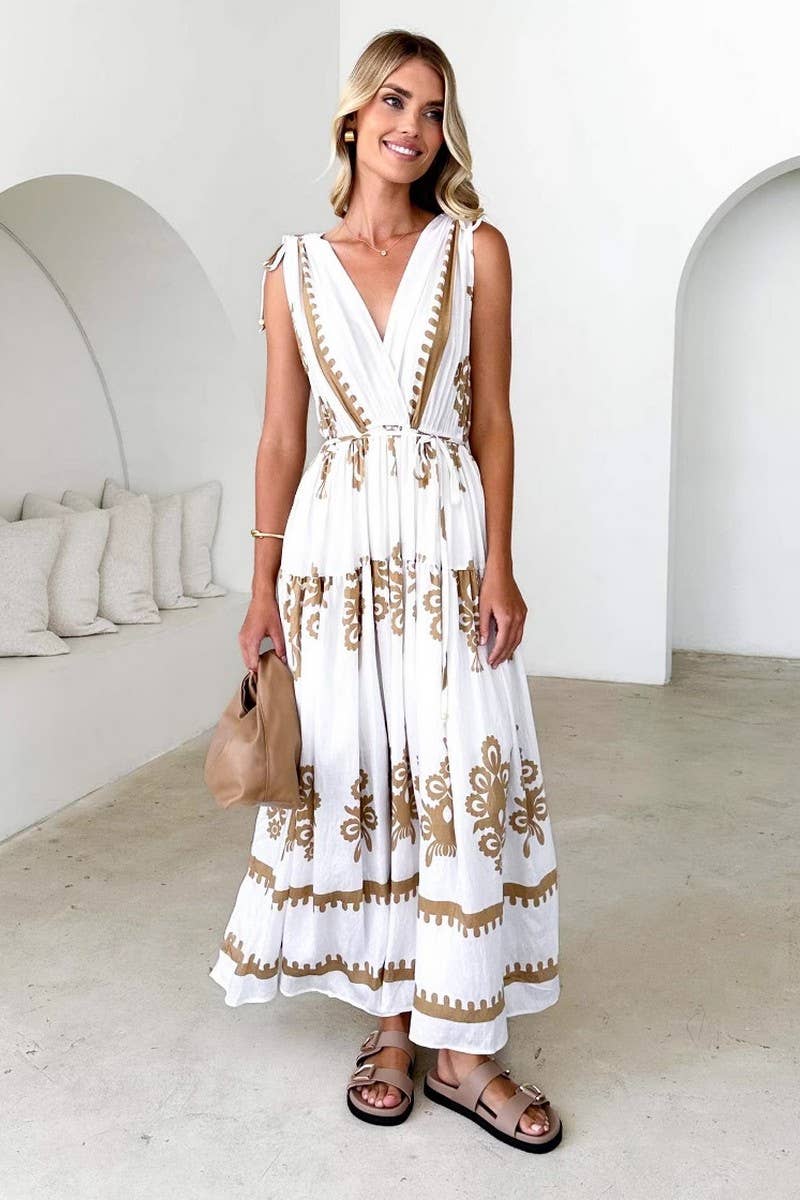 CWDMD6297_NEW SUMMER PRINTED V-NECK WAISTED DRESS