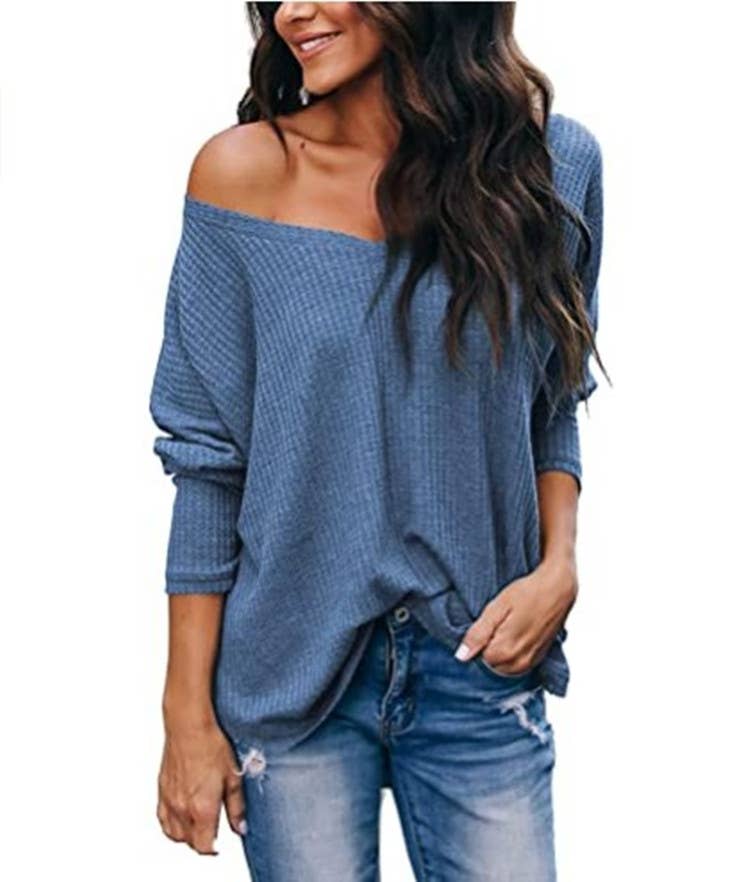 CWTTL1205_V-neck Long Sleeved Loose Knit Top