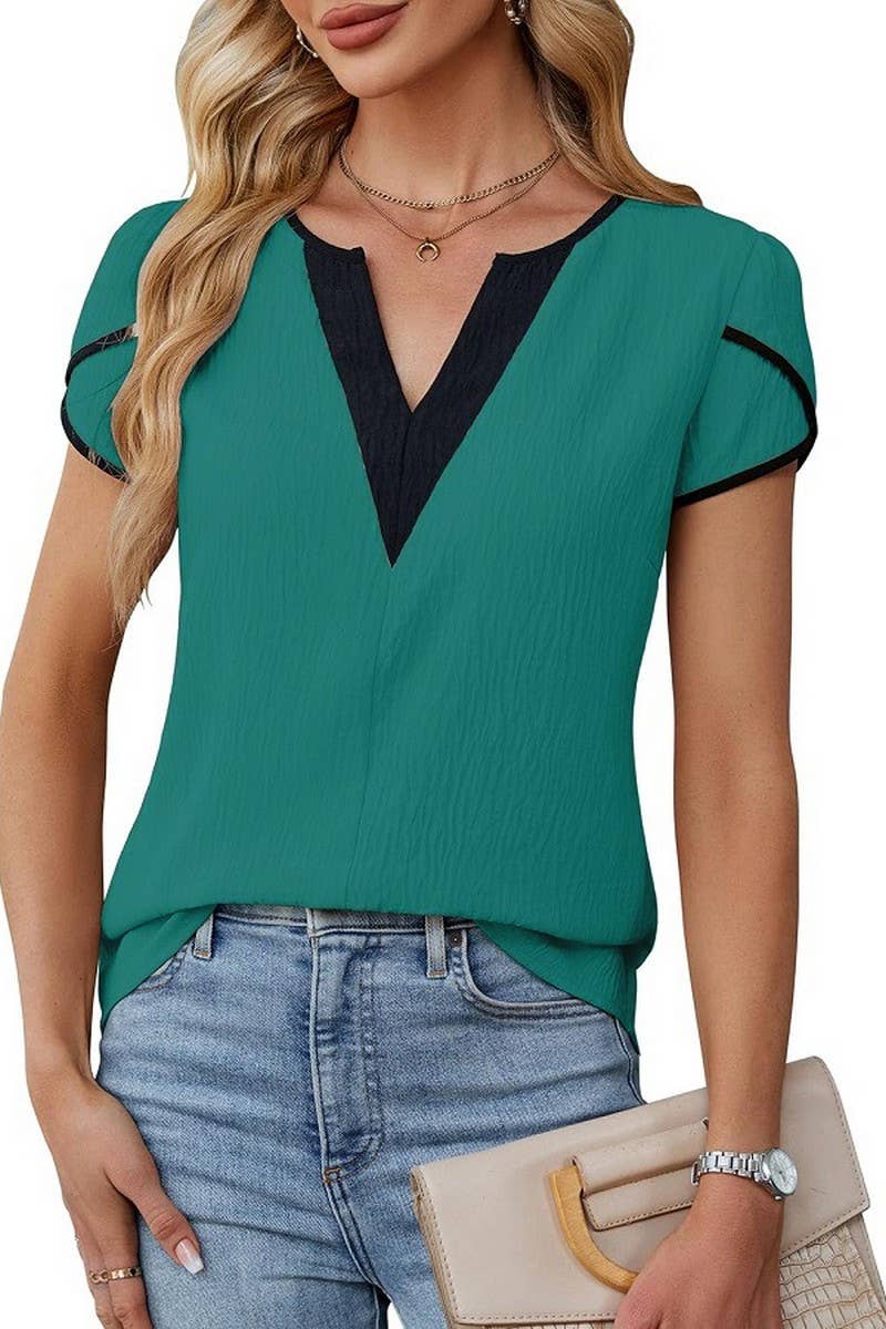 CWTBLS2260_COLORBLOCK V-NECK PETAL SLEEVE BLOUSE