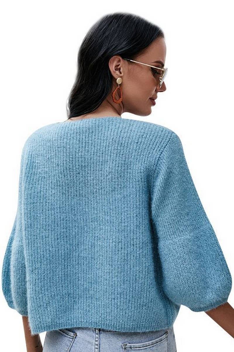 CWOCAL0792_V-NECK 3/4 SLEEVES SHORT KNITTED CARDIGAN