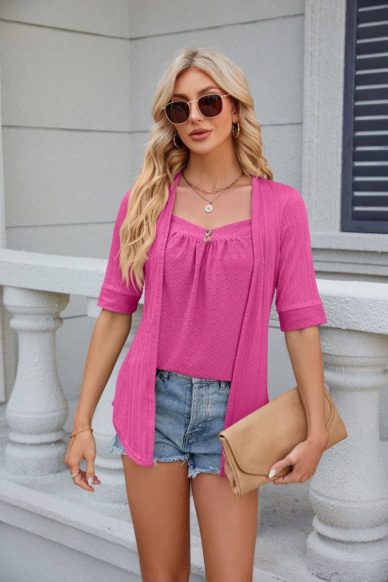 CWTTS0820_Short Sleeve Tops Fake Two Pieces Pullover Blouse