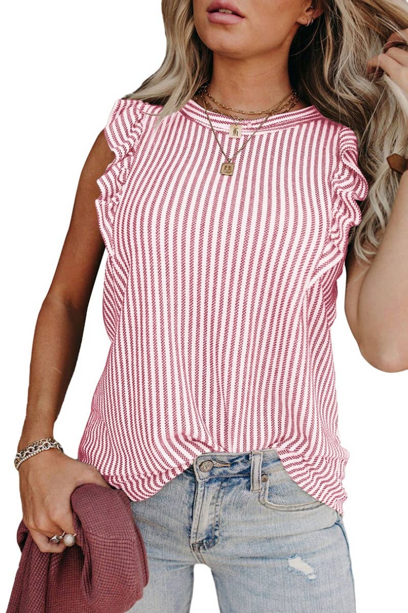 CWTBLSL0476_RUFFLED CREW NECK SLEEVELESS STRIPED TANK TOP