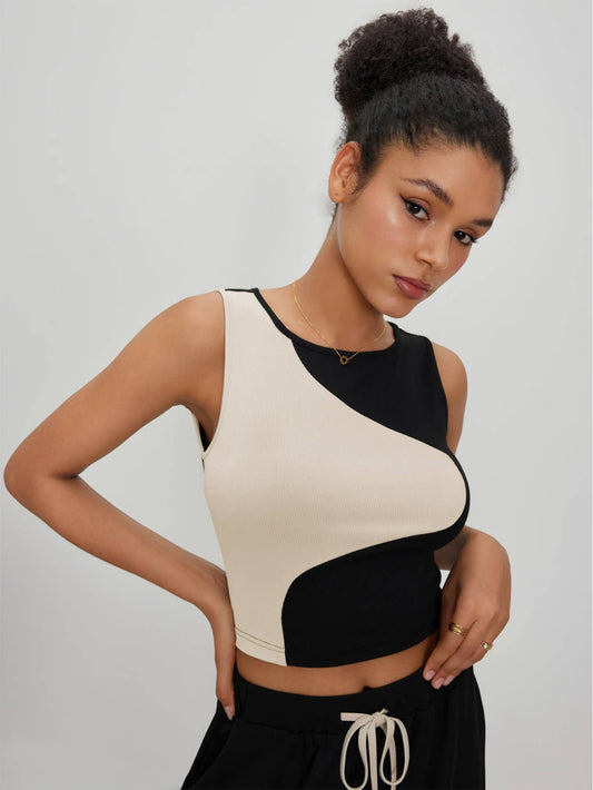 COLOR CONTRAST PATCHWORK PIT STRIP SLIM TOP