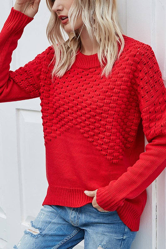 CWOSWL2710_ROUND NECK SOLID COLOR HOLLOW KNIT SWEATER