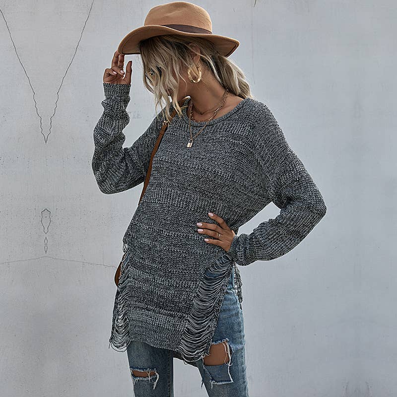 CREW-NECK MID-LENGTH FASHION HOLLOW-OUT SWEATER