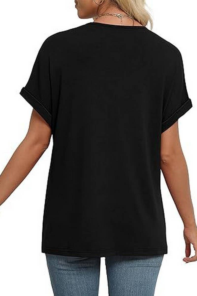 CWTBLS2191_SOLID V-NECK LOOSE BATWING SLEEVE CROP TEE