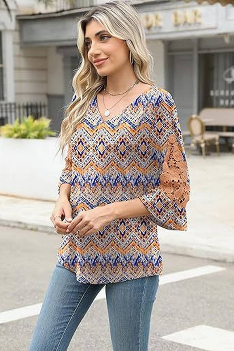 CWTBLL3901_LACE RUFFLE SLEEVE V-NECK PRINT TOP