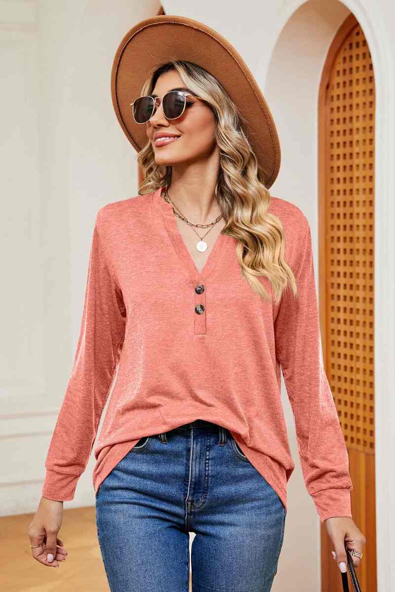 CWTBLL2834_V-NECK BUTTON-UP LONG-SLEEVED BAGGY TOP