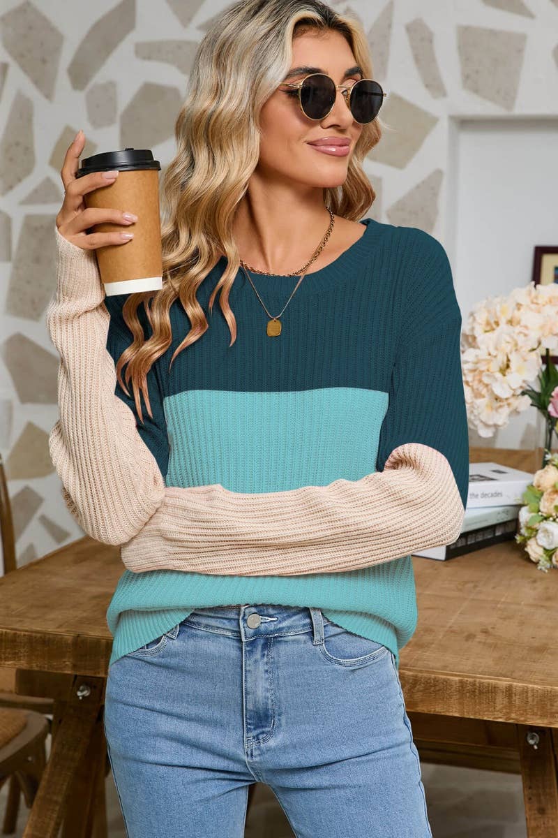 CWOSWL5185_CREW-NECK COLOR-MATCHING LONG-SLEEVED SWEATER