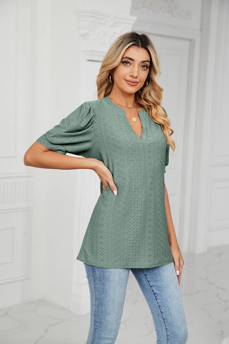 CWTSTS0358_V-Neck Short Sleeve Knit Top