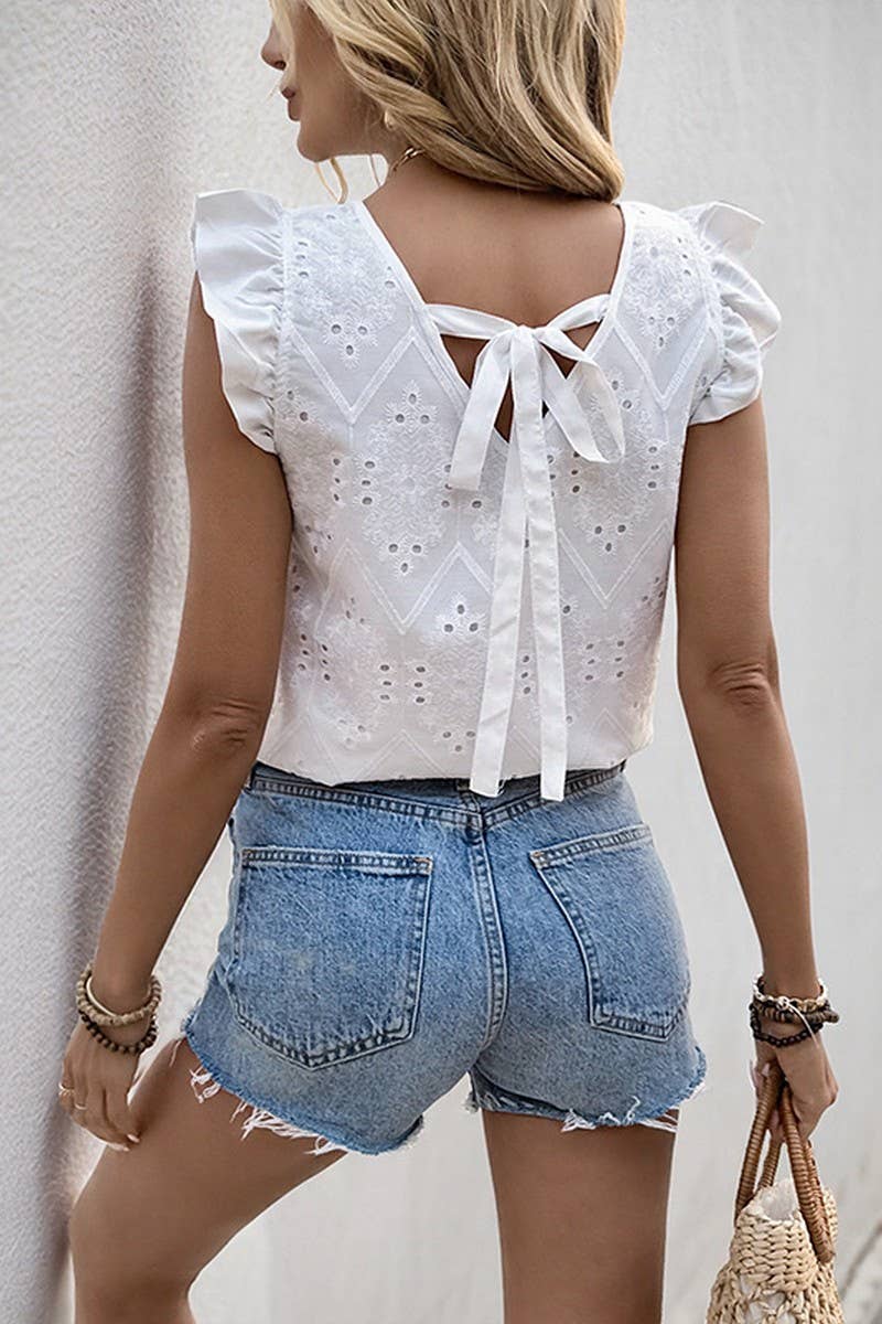 CWTBLS1560_V-NECK LOTUS LEAF FLYING SLEEVE TIE HOLLOW SHIRT