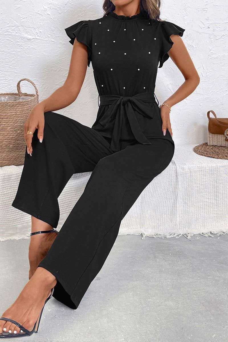 CWSJS1762_SOLID RUFFLE SLEEVE HIGH NECK BELTED JUMPSUIT