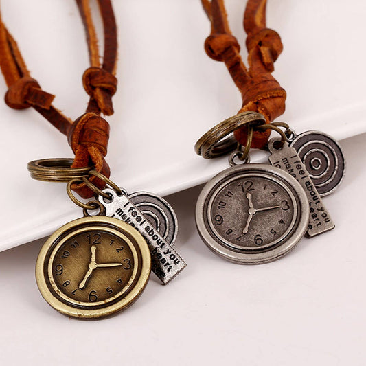 ALARM CLOCK VINTAGE TOP LAYER LEATHER NECKLACE_CWMM4625