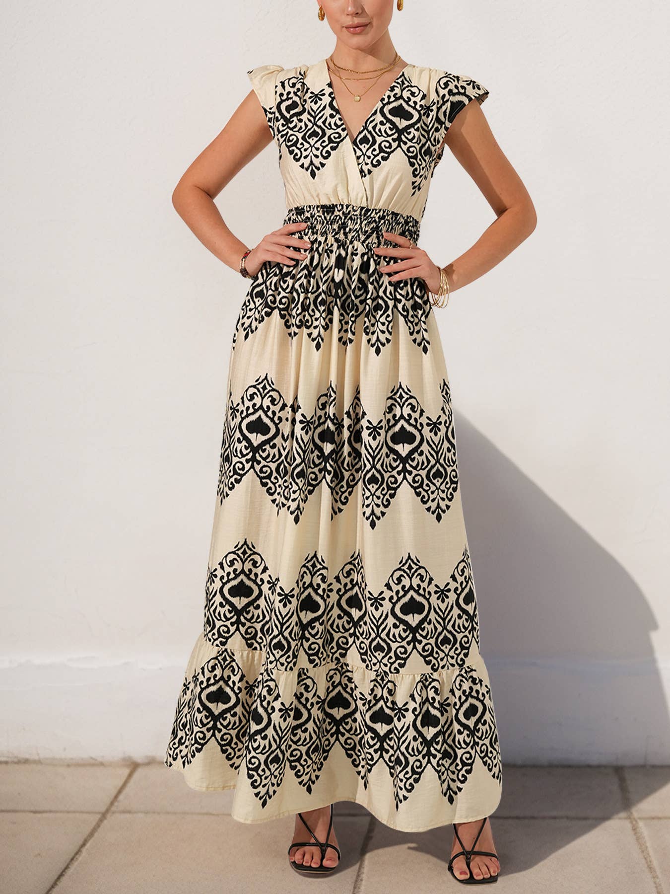 Casual V-neck high-waisted ethnic-style dress