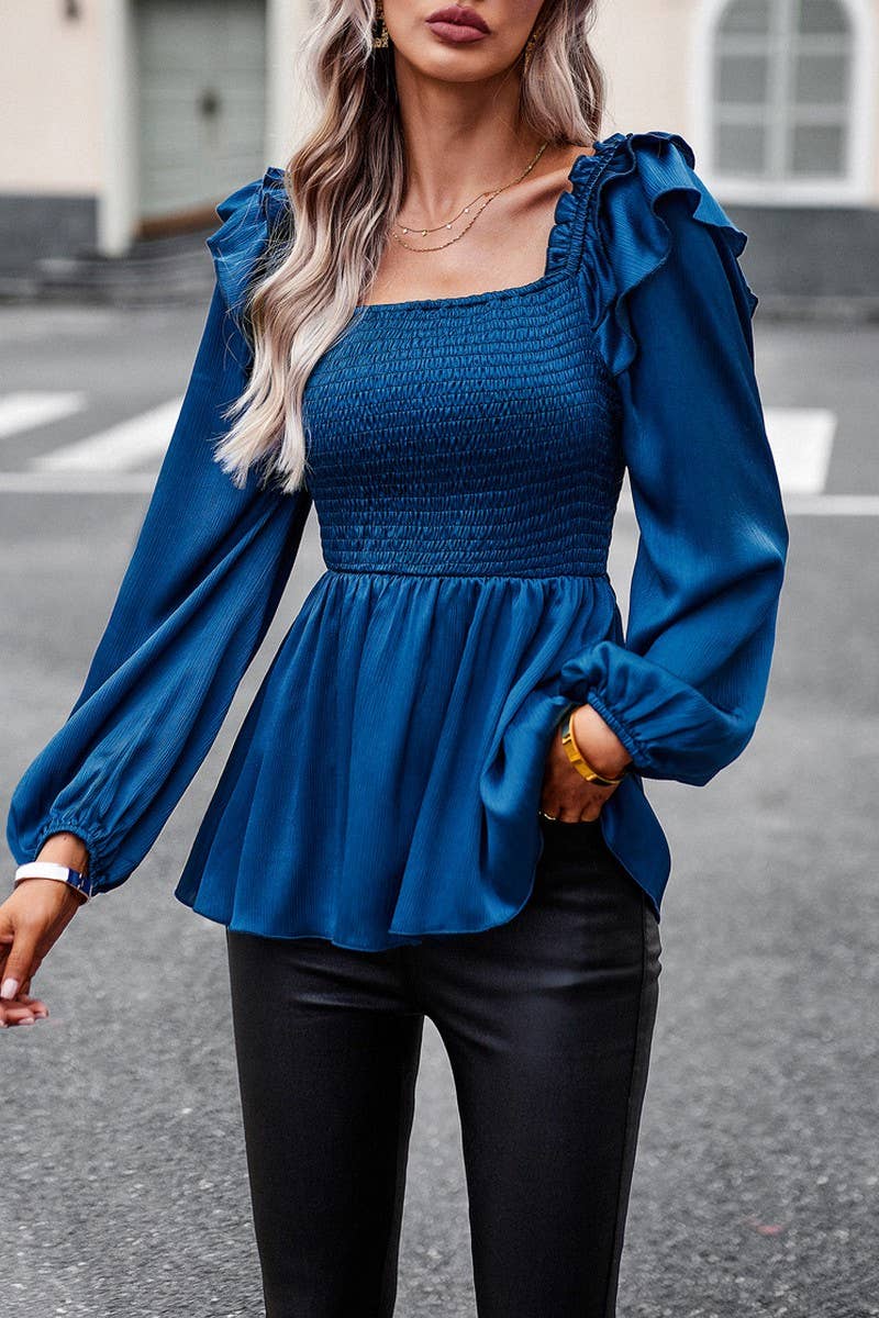 CWTBLL0397_Squre Neck Puff Sleeve Smocking Detailed Blouse