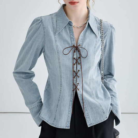 DESIGN LACE-UP LONG SLEEVE SLIT WAIST DENIM SHIRT
