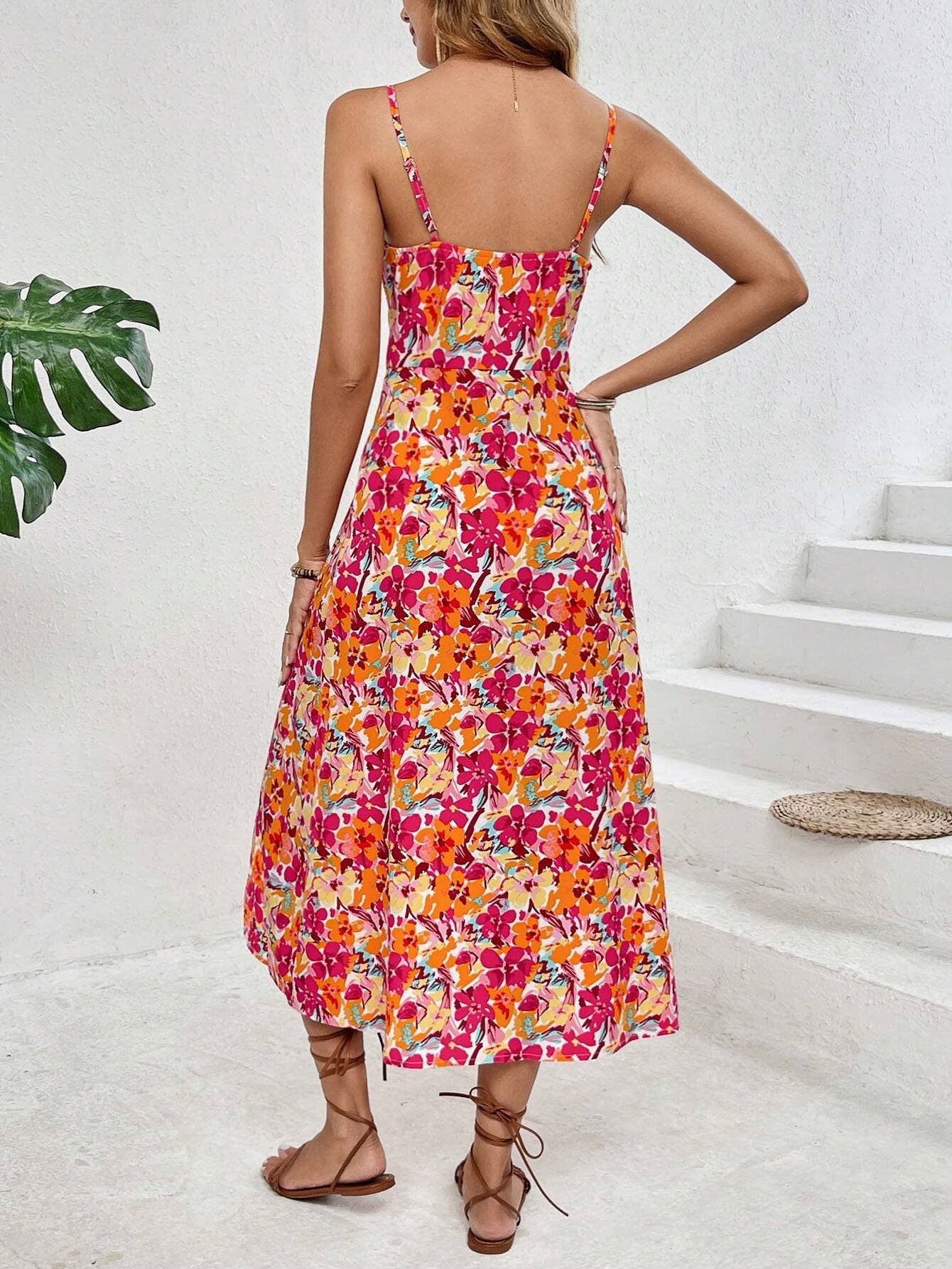 Casual vacation style printed halter slit dress