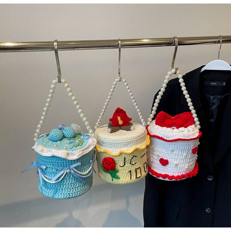 Personalized cake-shaped pearl chain knitted bag
