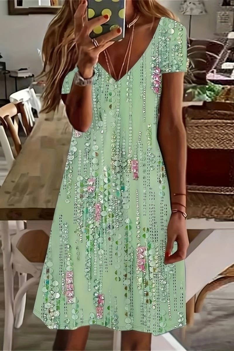 CWDSD10875_CASUAL V-NECK PRINTED SHORT-SLEEVED DRESS