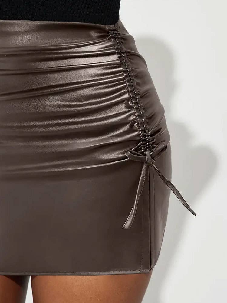 Drawstring strap split pack hip PU leather skirt
