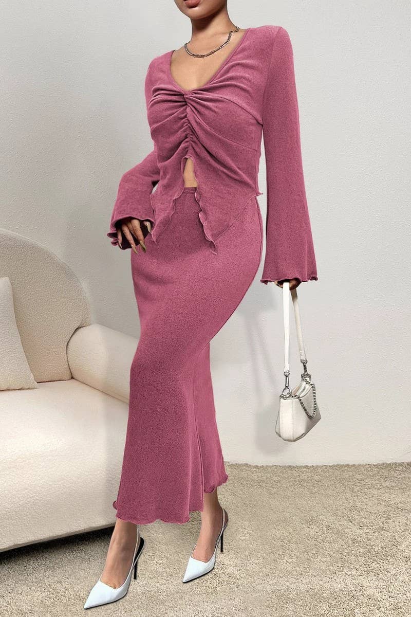 CWSS1131_BELL SLEEVE SHORT TOP AND FISHTAIL SKIRT SET