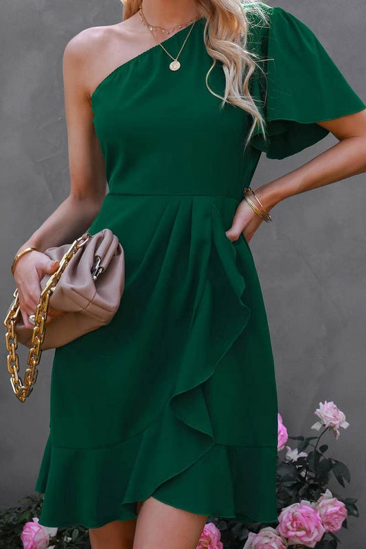 CWDSD7942_ASYMMETRICAL ONE SLEEVE RUFFLED HIGH WAIST DRESS