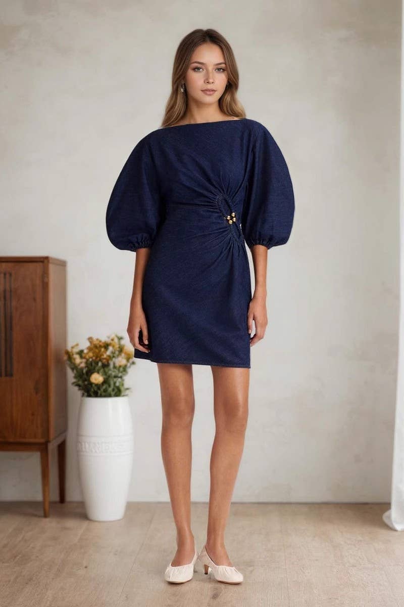 CWDSD8798_DENIM-INSPIRED OFF SHOULDER PUFF SLEEVE DRESS