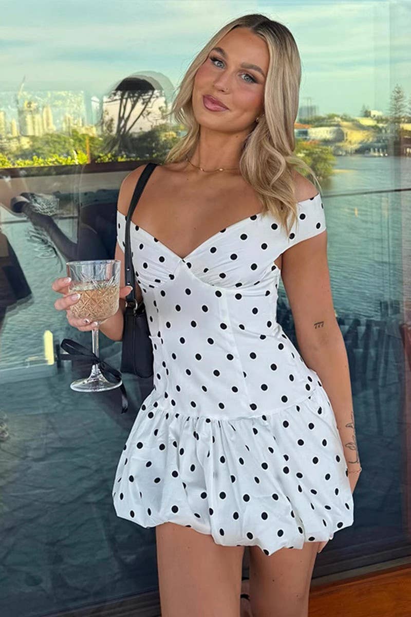 CWDSD8531_SEXY OFF-SHOULDER POLKA DOT MINI DRESS
