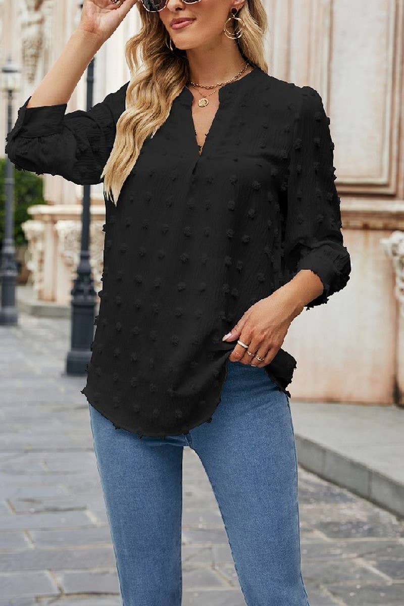 CWTBLL0802_FUR BALL CASUAL CHIFFON MID SLEEVE TOP