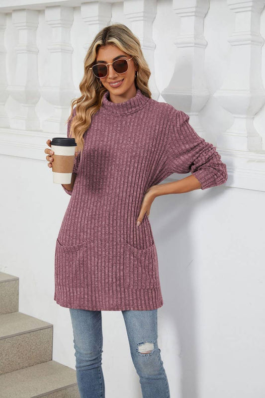 CWTBLL1856_HIGH NECK BRUSHED SOLID LONG SLEEVE POCKET TOP