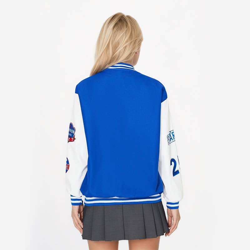 COLOR CONTRAST LETTER PRINT BASEBALL JACKET