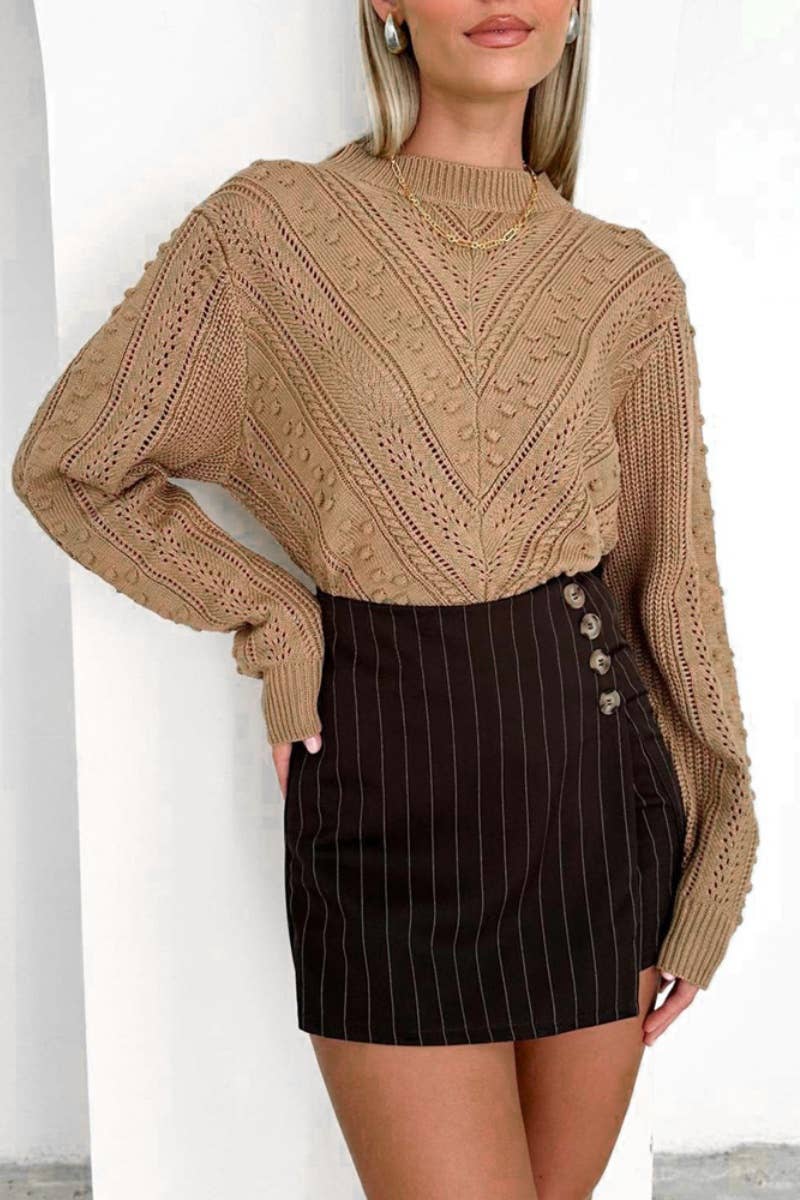 CWOSWL6193_STYLISH CREW-NECK JACQUARD LONG-SLEEVED SWEATER